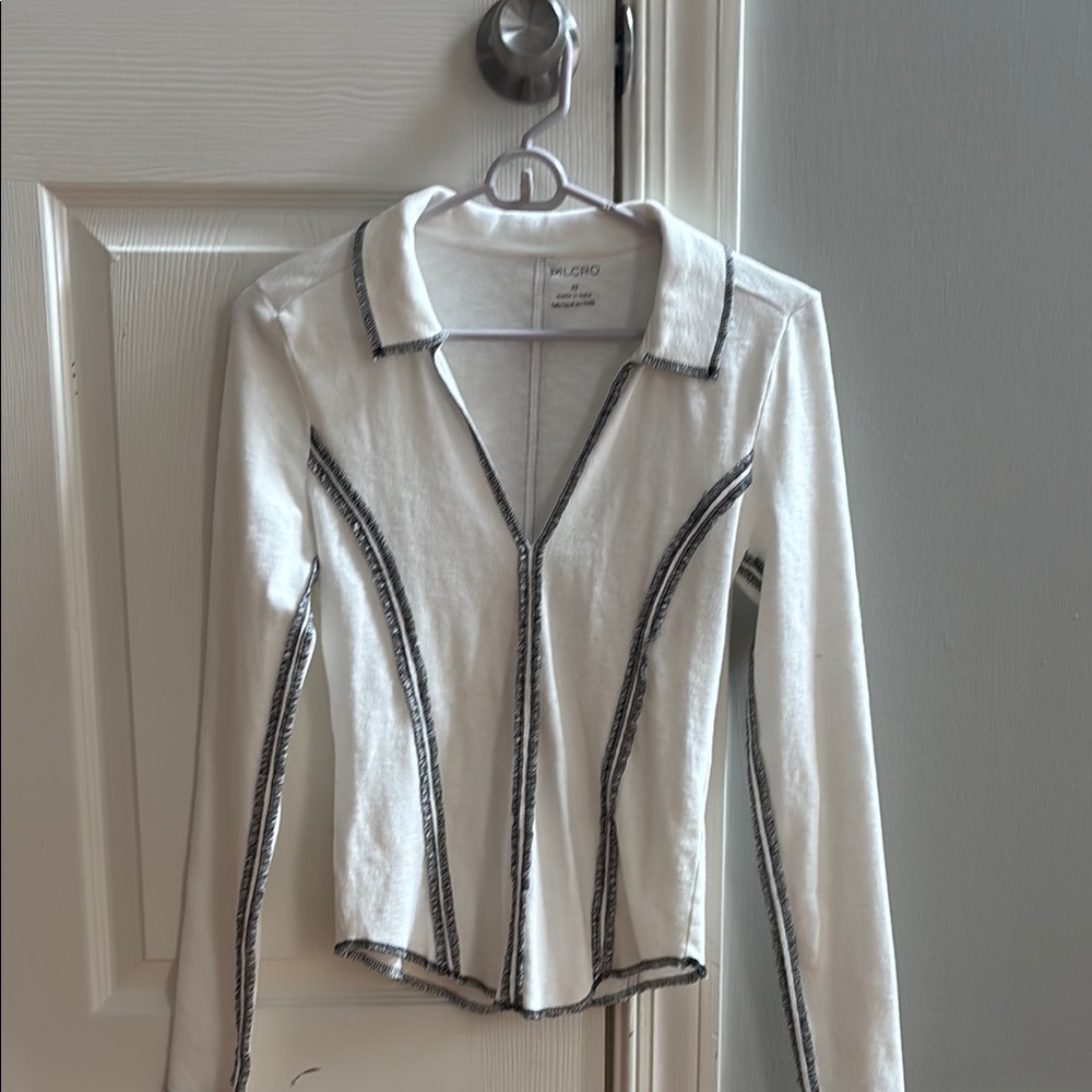 Anthropologie White Long Sleeve Top with Black Trim. NWT!